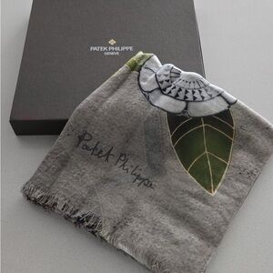 Patek Philippe Gray and Green Cashmere Scarf with Leaf Motif